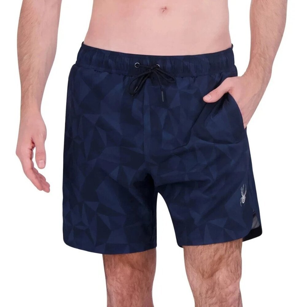 Spyder Men's M Swim Shorts Blue Geometric Print Elastic Waist Drawstring n1084